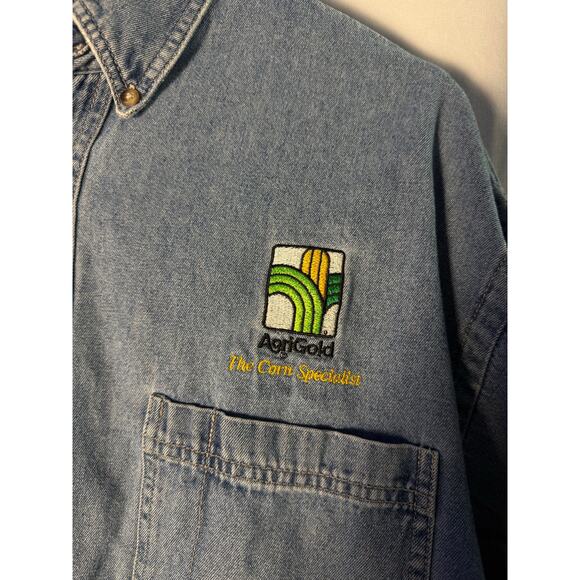Vintage Swingster Blue Denim Button Up Long Sleeve Shirt AgriGold Embroidered L - Picture 3 of 4